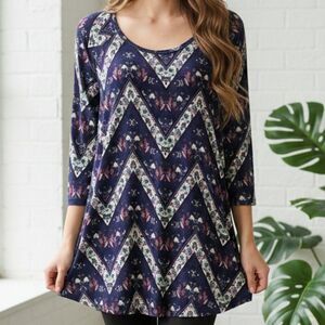 Navy Chevron Floral High-Low Tunic Top 3/4 Sleeve Eyelash Couture Size L Large